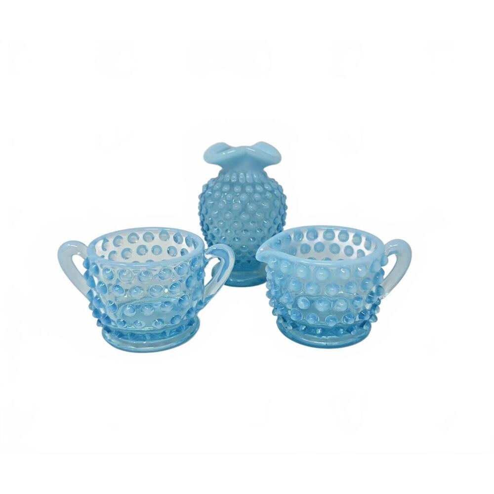 Vintage Blue Opalescent Hobnail Glass Creamer Sugar Set Vase Fenton Style